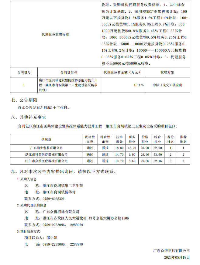 廉江市醫(yī)共體建設(shè)暨防控體系能力提升工程—廉江市良垌鎮(zhèn)第二衛(wèi)生院設(shè)備采購(gòu)項(xiàng)目【項(xiàng)目編 號(hào)：ZDZJ23-Z05030】（包 1）結(jié)果公告(圖2)